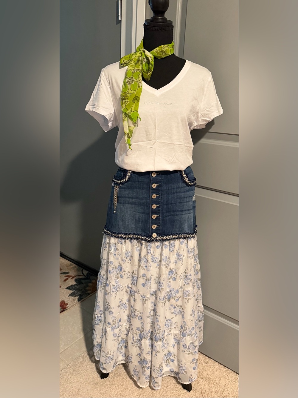 Upcycled KanCan Blue Denim Jean Skirt with Pearl-Trim Detail